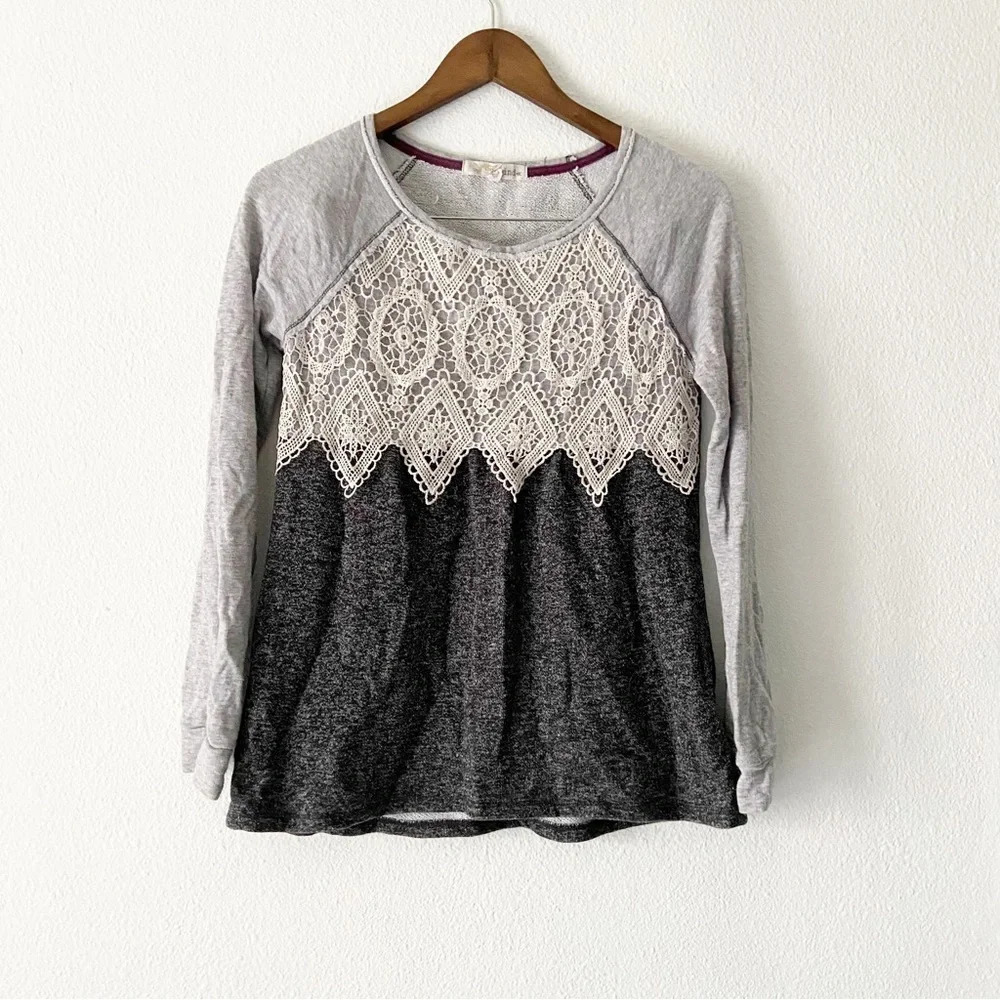Rewind Cozy Terry Cloth Lace Sweater Top Gray XS Casual Lounge